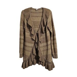 Madison Cardigan Women L Brown Ruffle Trim Open Front Knit Cotton Blend Bohemian